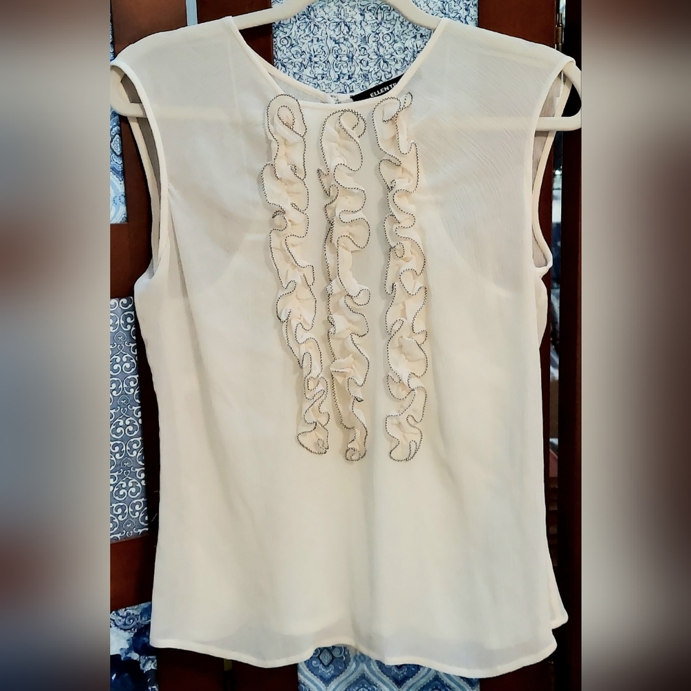 Ellen Tracy Top, Size 4, New! Sheer, Sleeveless, Ruffle Front